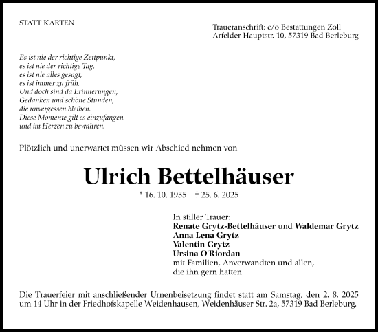 Traueranzeige von Ulrich Bettelhäuser von Stuttgarter Zeitung / Stuttgarter Nachrichten
