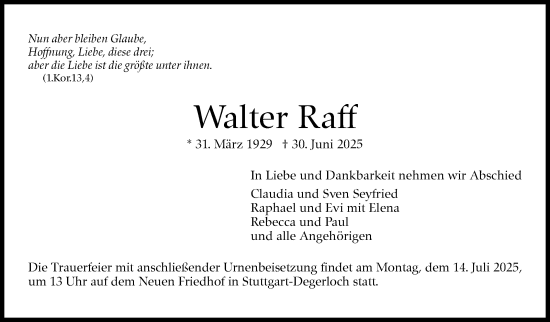 Traueranzeige von Walter Raff von Stuttgarter Zeitung / Stuttgarter Nachrichten