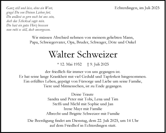 Traueranzeige von Walter Schweizer von Stuttgarter Zeitung / Stuttgarter Nachrichten