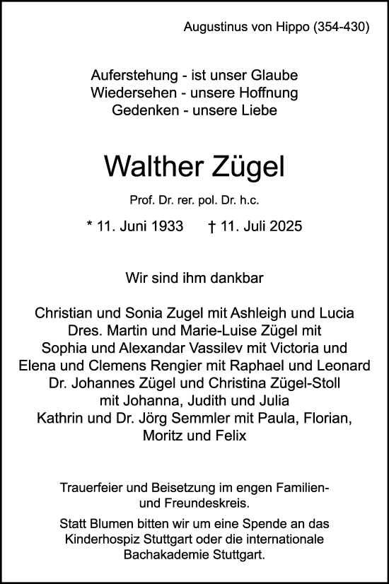 Traueranzeige von Walther Zügel von Stuttgarter Zeitung / Stuttgarter Nachrichten