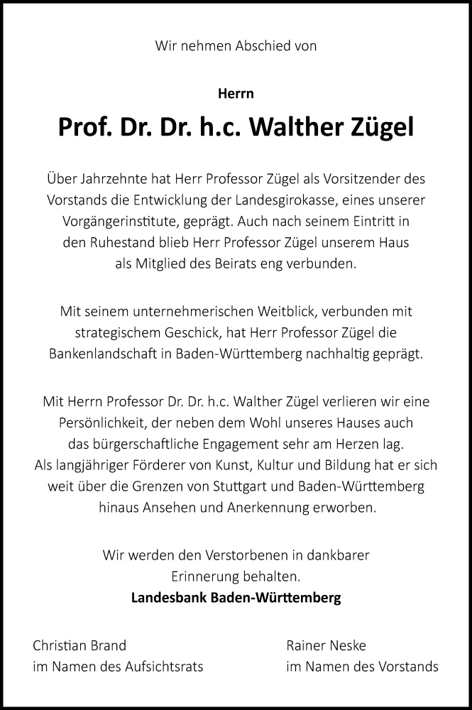  Traueranzeige für Walther Zügel vom 19.07.2025 aus Stuttgarter Zeitung / Stuttgarter Nachrichten