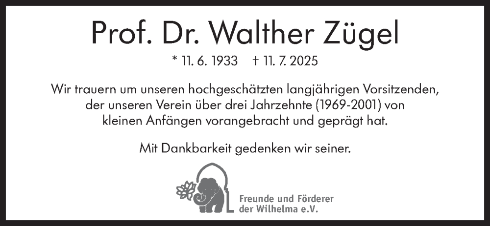  Traueranzeige für Walther Zügel vom 23.07.2025 aus Stuttgarter Zeitung / Stuttgarter Nachrichten