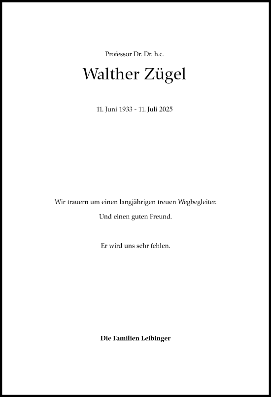 Traueranzeige von Walther Zügel von Stuttgarter Zeitung / Stuttgarter Nachrichten
