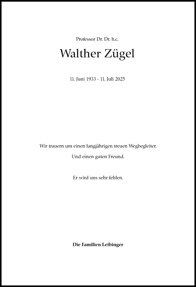  Traueranzeige für Walther Zügel vom 19.07.2025 aus Stuttgarter Zeitung / Stuttgarter Nachrichten
