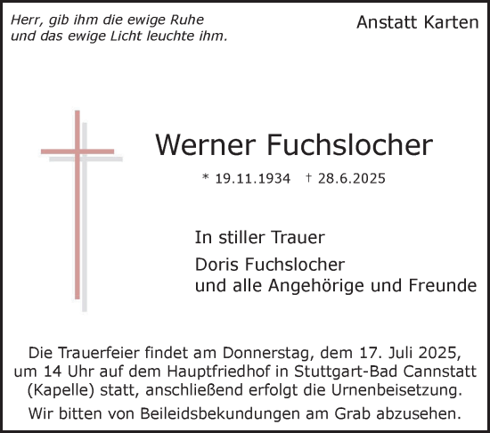 Traueranzeige von Werner Fuchslocher von Stuttgarter Zeitung / Stuttgarter Nachrichten