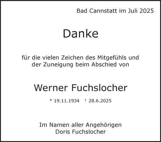 Traueranzeige von Werner Fuchslocher von Stuttgarter Zeitung / Stuttgarter Nachrichten