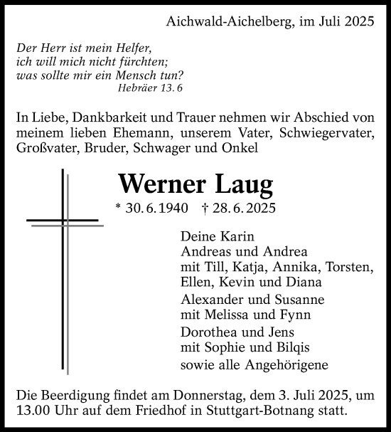 Traueranzeige von Werner Laug von Stuttgarter Zeitung / Stuttgarter Nachrichten
