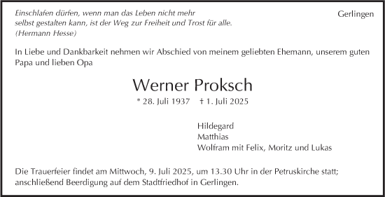 Traueranzeige von Werner Proksch von Stuttgarter Zeitung / Stuttgarter Nachrichten