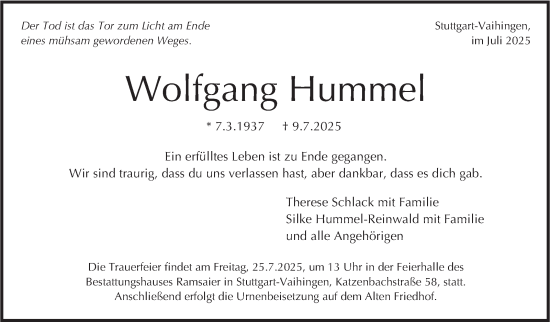 Traueranzeige von Wolfgang Hummel von Stuttgarter Zeitung / Stuttgarter Nachrichten