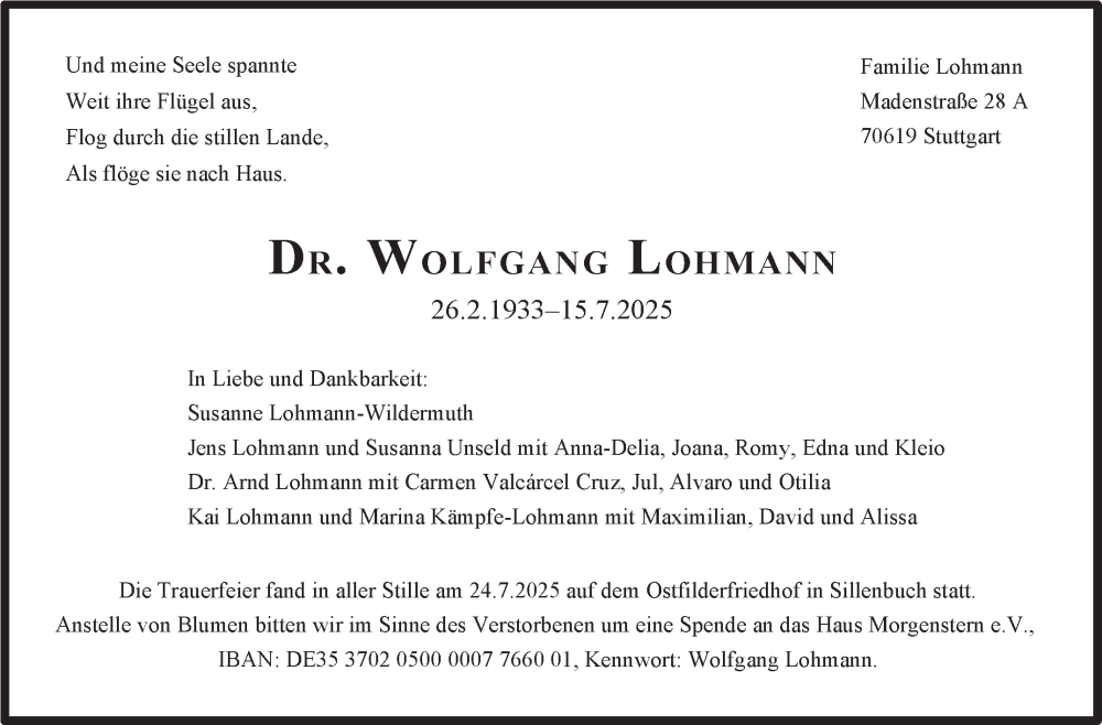  Traueranzeige für Wolfgang Lohmann vom 26.07.2025 aus Stuttgarter Zeitung / Stuttgarter Nachrichten