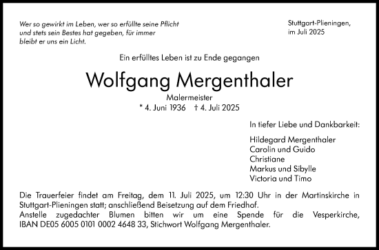 Traueranzeige von Wolfgang Mergenthaler von Stuttgarter Zeitung / Stuttgarter Nachrichten