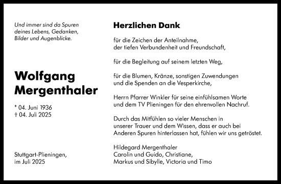 Traueranzeige von Wolfgang Mergenthaler von Stuttgarter Zeitung / Stuttgarter Nachrichten