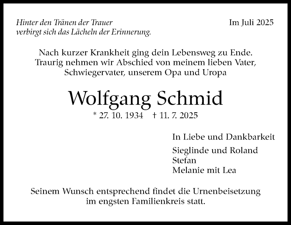  Traueranzeige für Wolfgang Schmid vom 16.07.2025 aus Stuttgarter Zeitung / Stuttgarter Nachrichten