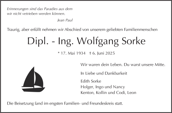 Traueranzeige von Wolfgang Sorke von Stuttgarter Zeitung / Stuttgarter Nachrichten