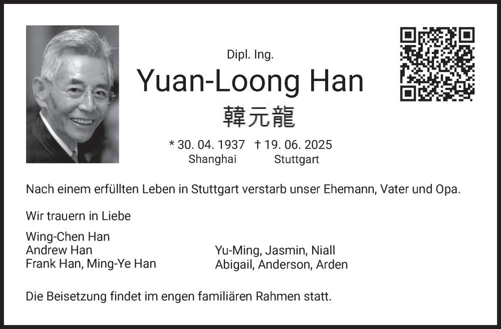  Traueranzeige für Yuan-Loong Han vom 05.07.2025 aus Stuttgarter Zeitung / Stuttgarter Nachrichten