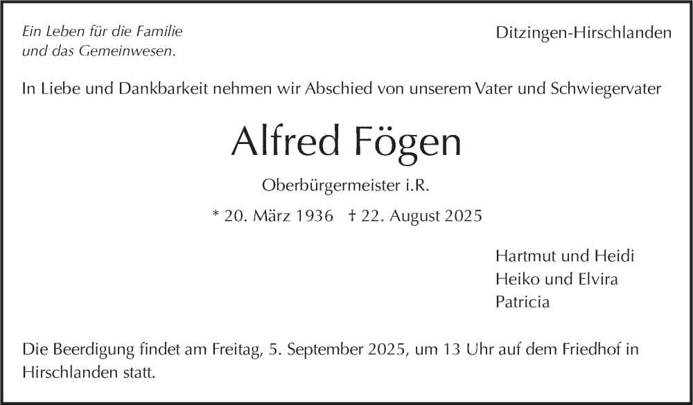  Traueranzeige für Alfred Fögen vom 30.08.2025 aus Stuttgarter Zeitung / Stuttgarter Nachrichten