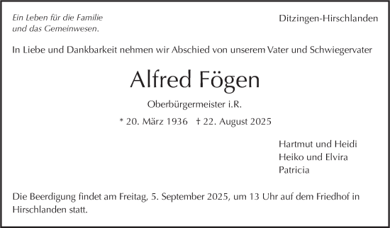 Traueranzeige von Alfred Fögen von Stuttgarter Zeitung / Stuttgarter Nachrichten