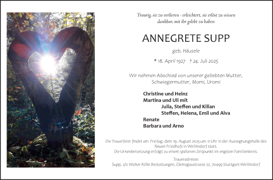 Traueranzeige von Annegrete Supp von Stuttgarter Zeitung / Stuttgarter Nachrichten