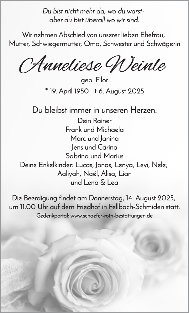 Traueranzeige für Anneliese Weinle vom 11.08.2025 aus Stuttgarter Zeitung / Stuttgarter Nachrichten