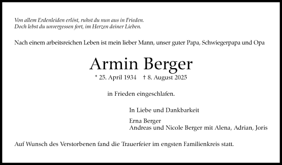 Traueranzeige von Armin Berger von Stuttgarter Zeitung / Stuttgarter Nachrichten