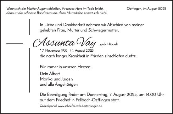 Traueranzeige von Assunta Vay von Stuttgarter Zeitung / Stuttgarter Nachrichten
