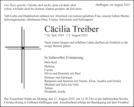 Traueranzeige von Cäcilia Treiber von Stuttgarter Zeitung / Stuttgarter Nachrichten