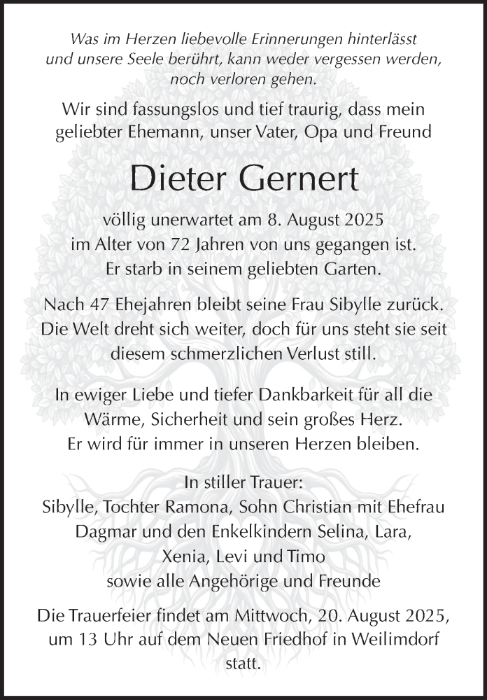 Traueranzeige für Dieter Gernert vom 16.08.2025 aus Stuttgarter Zeitung / Stuttgarter Nachrichten