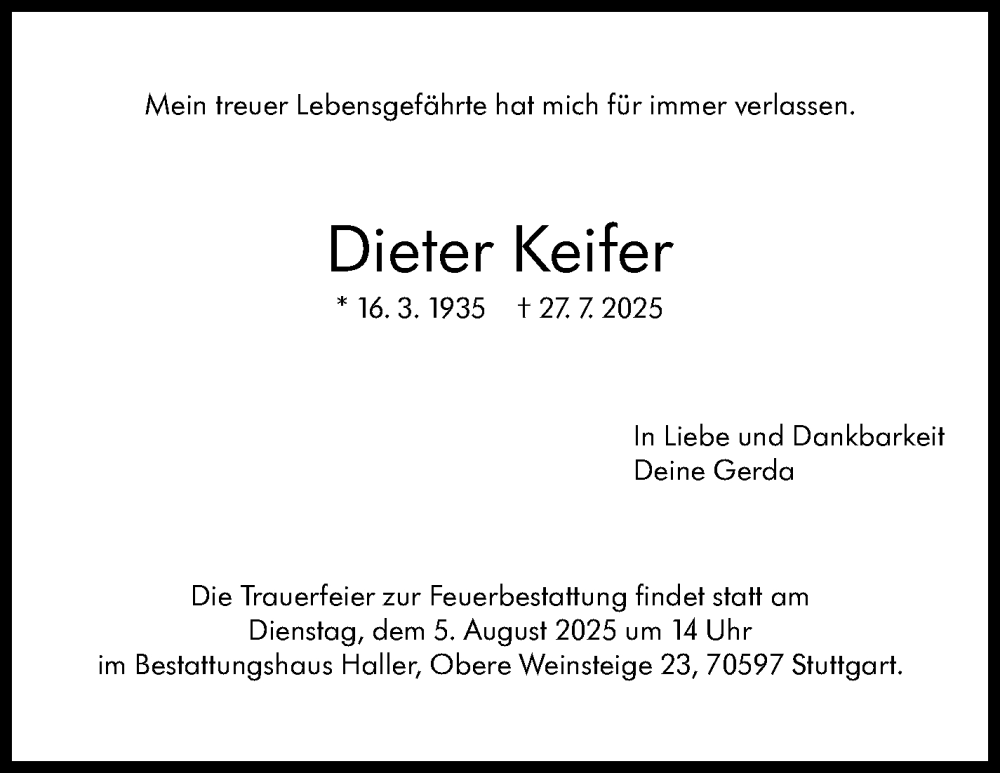  Traueranzeige für Dieter Keifer vom 04.08.2025 aus Stuttgarter Zeitung / Stuttgarter Nachrichten