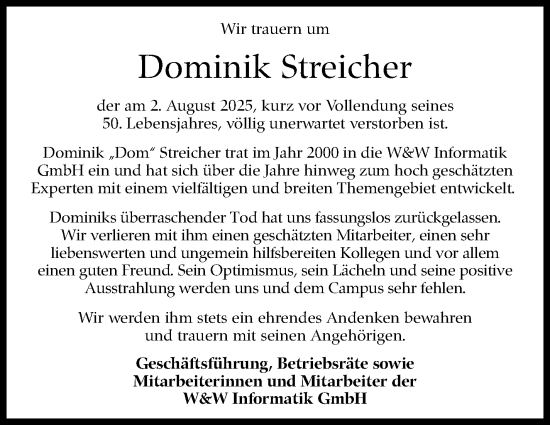 Traueranzeige von Dominik Streicher von Stuttgarter Zeitung / Stuttgarter Nachrichten