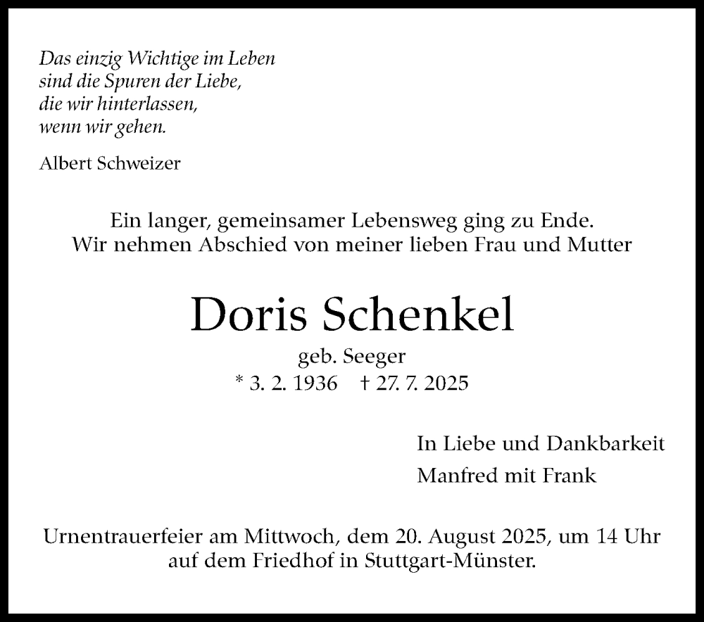  Traueranzeige für Doris Schenkel vom 09.08.2025 aus Stuttgarter Zeitung / Stuttgarter Nachrichten