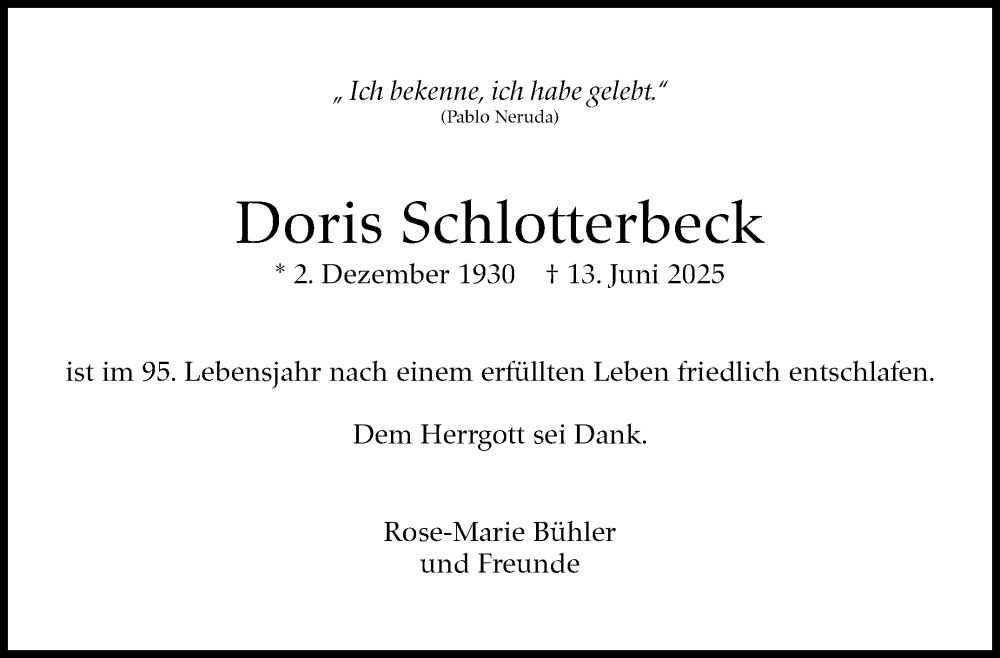  Traueranzeige für Doris Schlotterbeck vom 09.08.2025 aus Stuttgarter Zeitung / Stuttgarter Nachrichten