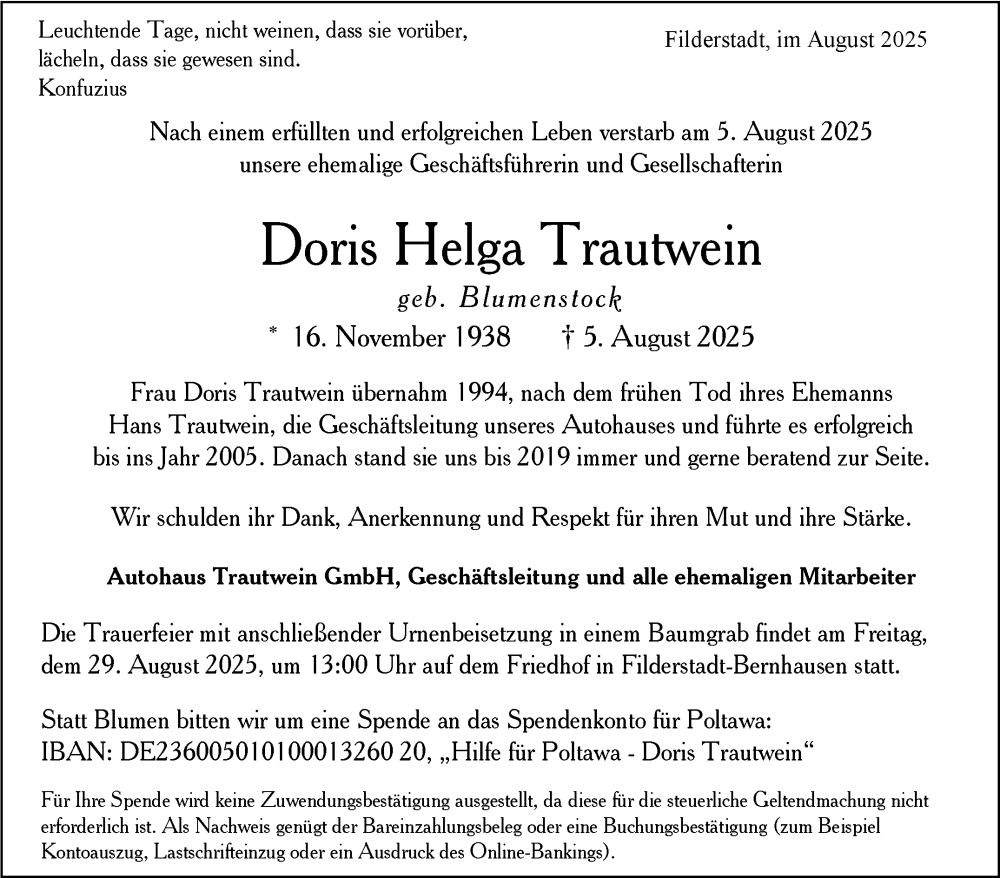  Traueranzeige für Doris Helga Trautwein vom 16.08.2025 aus Stuttgarter Zeitung / Stuttgarter Nachrichten