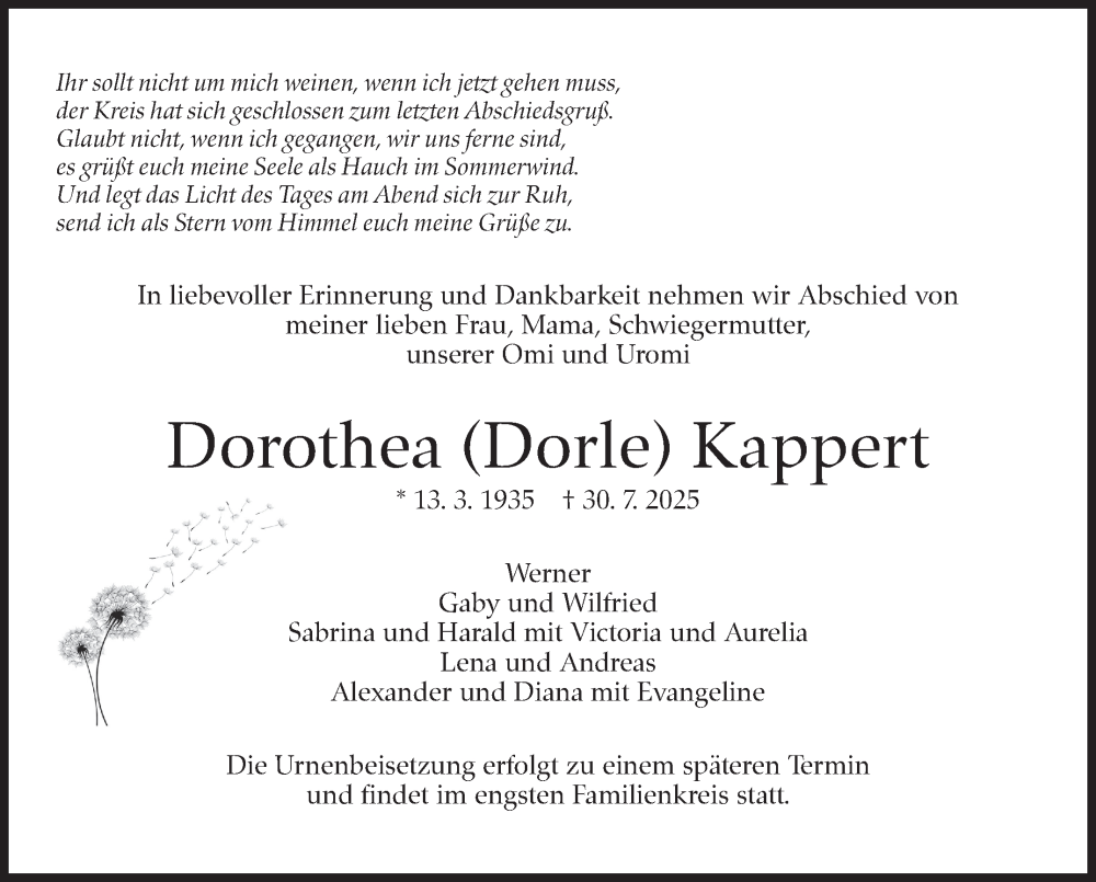  Traueranzeige für Dorothea Kappert vom 09.08.2025 aus Stuttgarter Zeitung / Stuttgarter Nachrichten