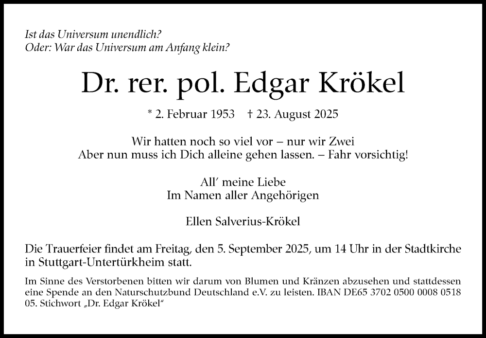 Traueranzeige für Edgar Krökel vom 30.08.2025 aus Stuttgarter Zeitung / Stuttgarter Nachrichten