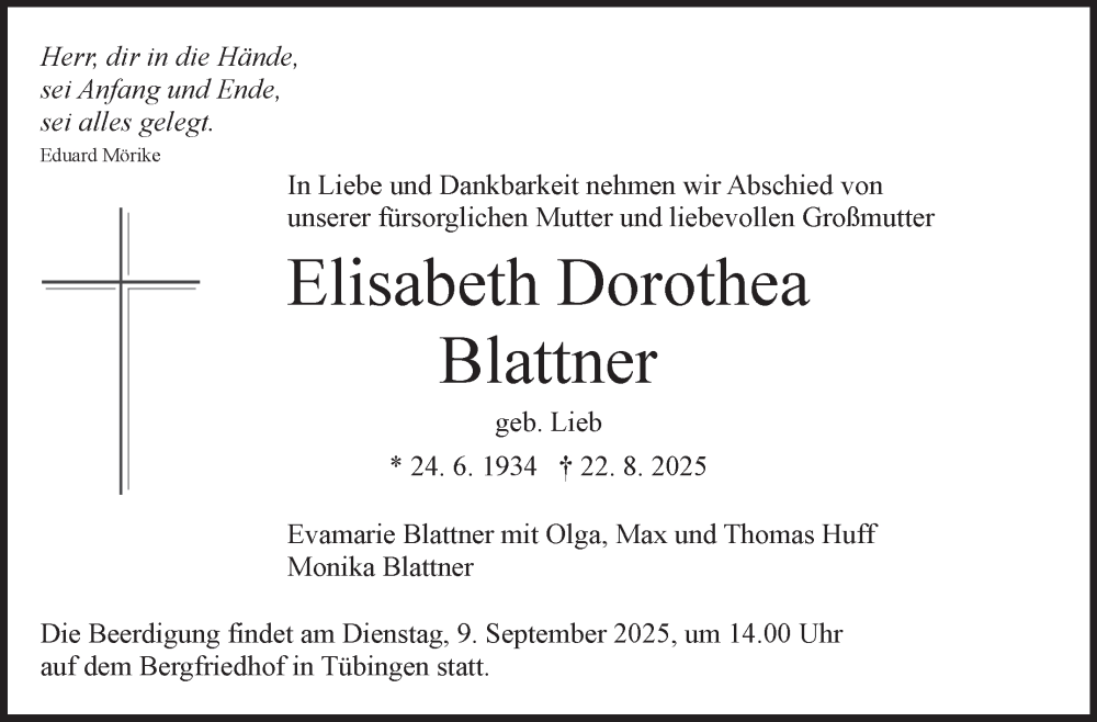  Traueranzeige für Elisabeth Dorothea Blattner vom 30.08.2025 aus Stuttgarter Zeitung / Stuttgarter Nachrichten