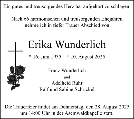 Traueranzeige von Erika Wunderlich von Stuttgarter Zeitung / Stuttgarter Nachrichten