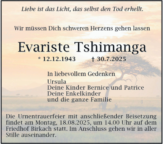 Traueranzeige von Evariste Tshimanga von Stuttgarter Zeitung / Stuttgarter Nachrichten