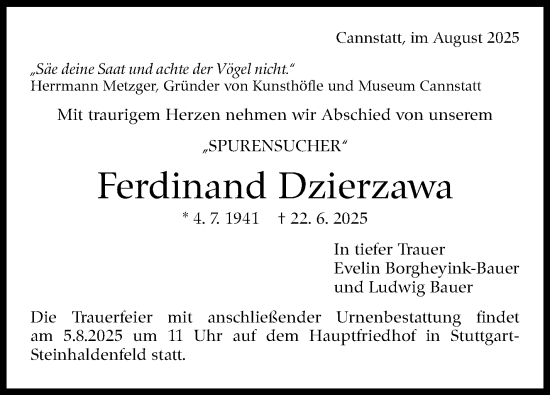 Traueranzeige von Ferdinand Dzierzawa von Stuttgarter Zeitung / Stuttgarter Nachrichten