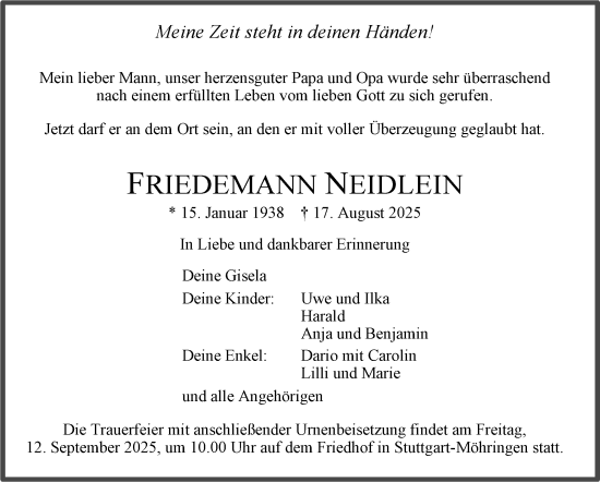 Traueranzeige von Friedemann Neidlein von Stuttgarter Zeitung / Stuttgarter Nachrichten