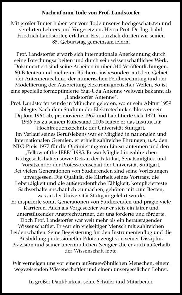  Traueranzeige für Friedrich Landstorfer vom 16.08.2025 aus Stuttgarter Zeitung / Stuttgarter Nachrichten