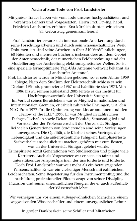 Traueranzeige von Friedrich Landstorfer von Stuttgarter Zeitung / Stuttgarter Nachrichten