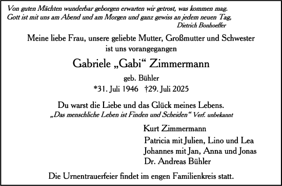 Traueranzeige von Gabriele Zimmermann von Stuttgarter Zeitung / Stuttgarter Nachrichten