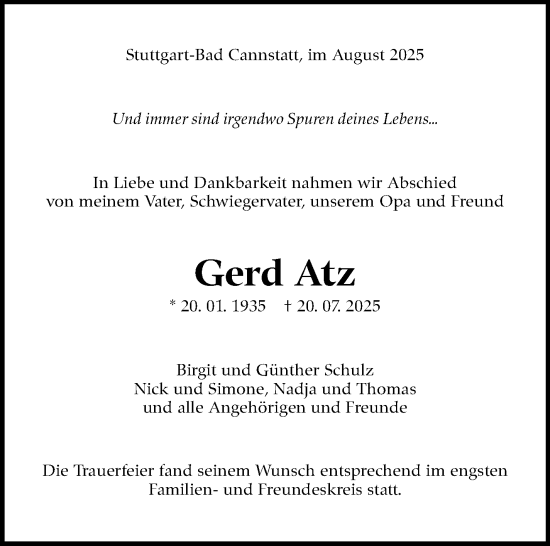Traueranzeige von Gerd Atz von Stuttgarter Zeitung / Stuttgarter Nachrichten