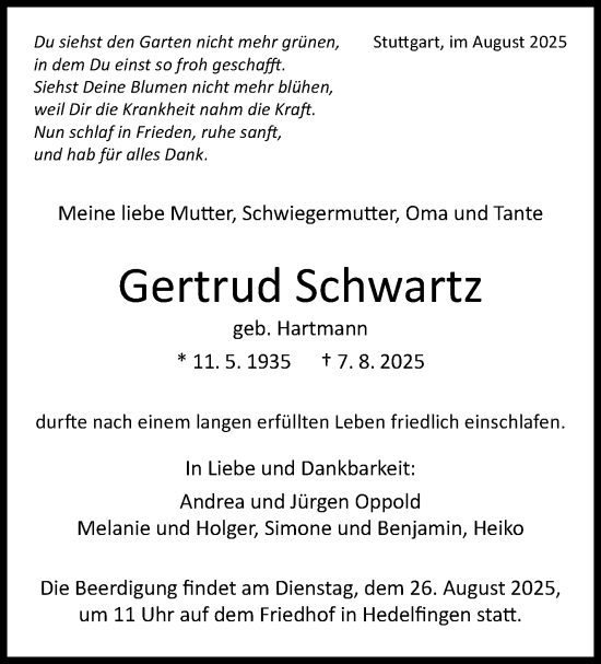 Traueranzeige von Gertrud Schwartz von Stuttgarter Zeitung / Stuttgarter Nachrichten