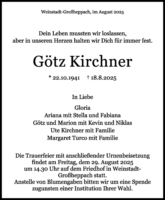 Traueranzeige von Götz Kirchner von Stuttgarter Zeitung / Stuttgarter Nachrichten