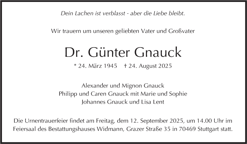  Traueranzeige für Günter Gnauck vom 30.08.2025 aus Stuttgarter Zeitung / Stuttgarter Nachrichten