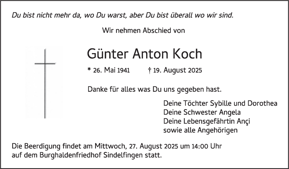  Traueranzeige für Günter Anton Koch vom 23.08.2025 aus Stuttgarter Zeitung / Stuttgarter Nachrichten