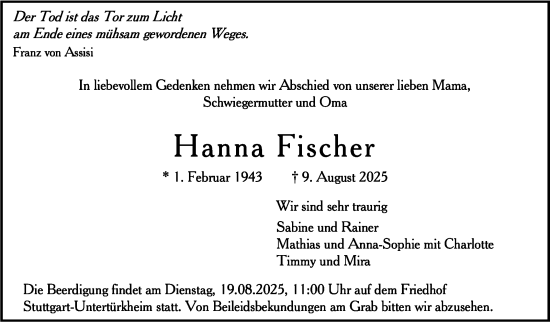 Traueranzeige von Hanna Fischer von Stuttgarter Zeitung / Stuttgarter Nachrichten