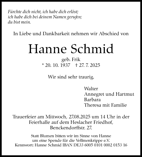 Traueranzeige von Hanne Schmid von Stuttgarter Zeitung / Stuttgarter Nachrichten