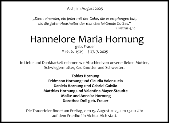 Traueranzeige von Hannelore Maria Hornung von Stuttgarter Zeitung / Stuttgarter Nachrichten